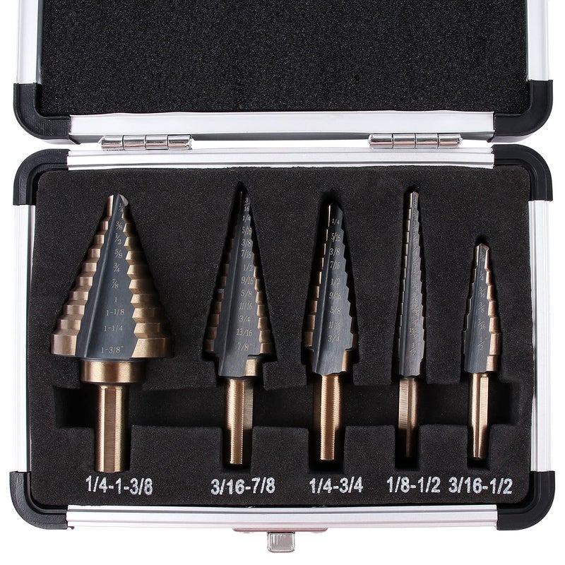Zhushan 5pcs Step Drill Bit Set,High Speed Step Drill Bit, HSS Cobalt Multiple Hole 50 Sizes Titanium Step Drill Bit with Aluminum Case - Image 1